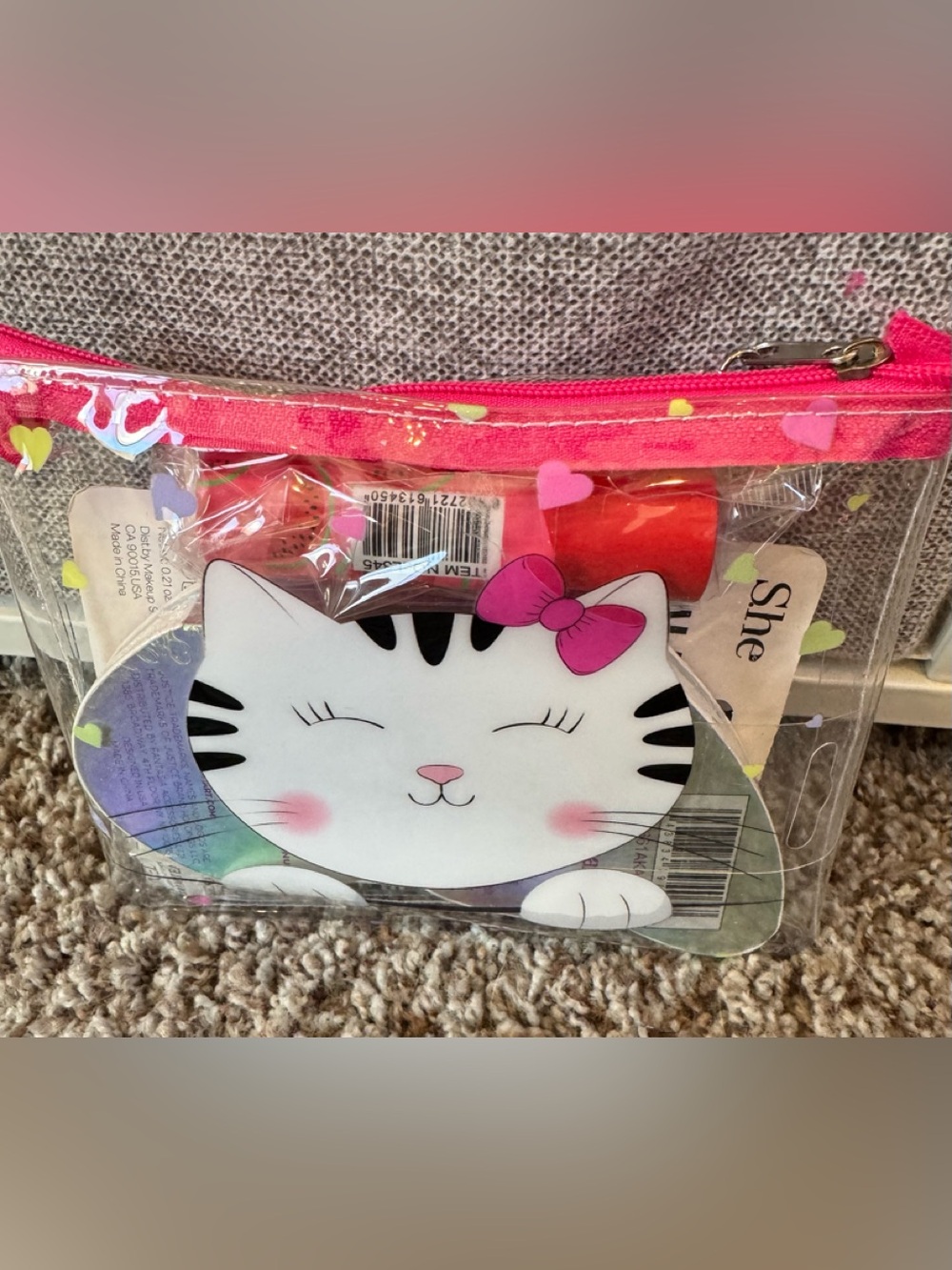 Justice Clear Cat Cosmetic Pouch with Pink Bow and Hot Pink Trim